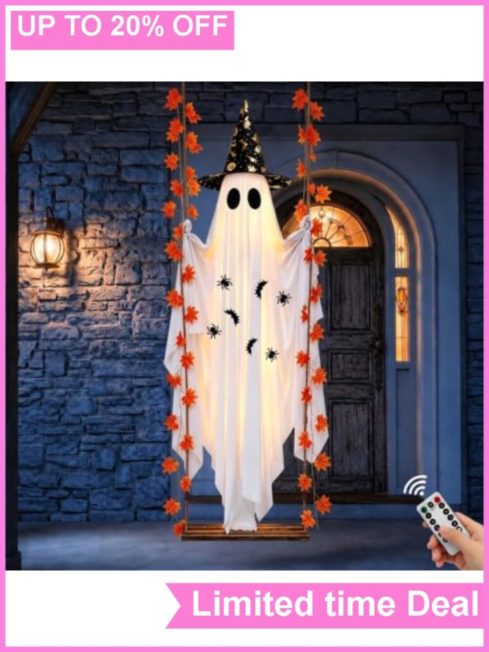 LED Hanging Swing Ghost Halloween Decoration with Witch Hat